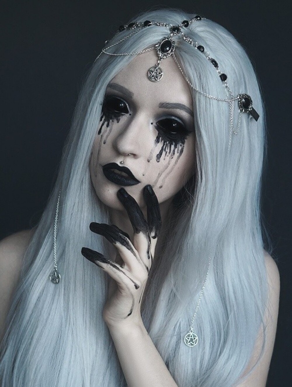 Goth Punk Vintage Black Stone Pentagram Silver Chain Layered Headpiece Halloween